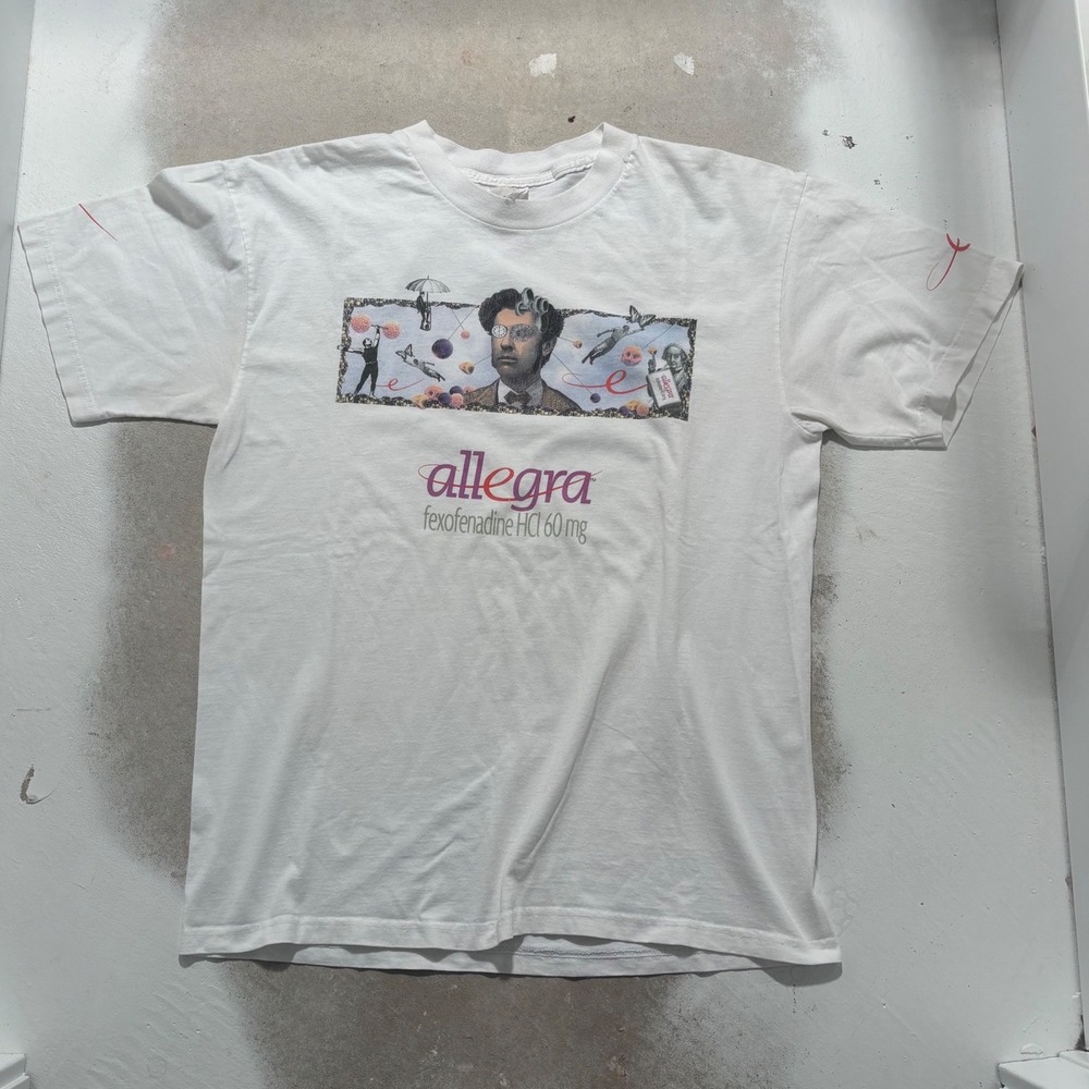 Vintage 90s Allegra Pharmaceutical Promo T-Shirt White Large Surrealist Graphic